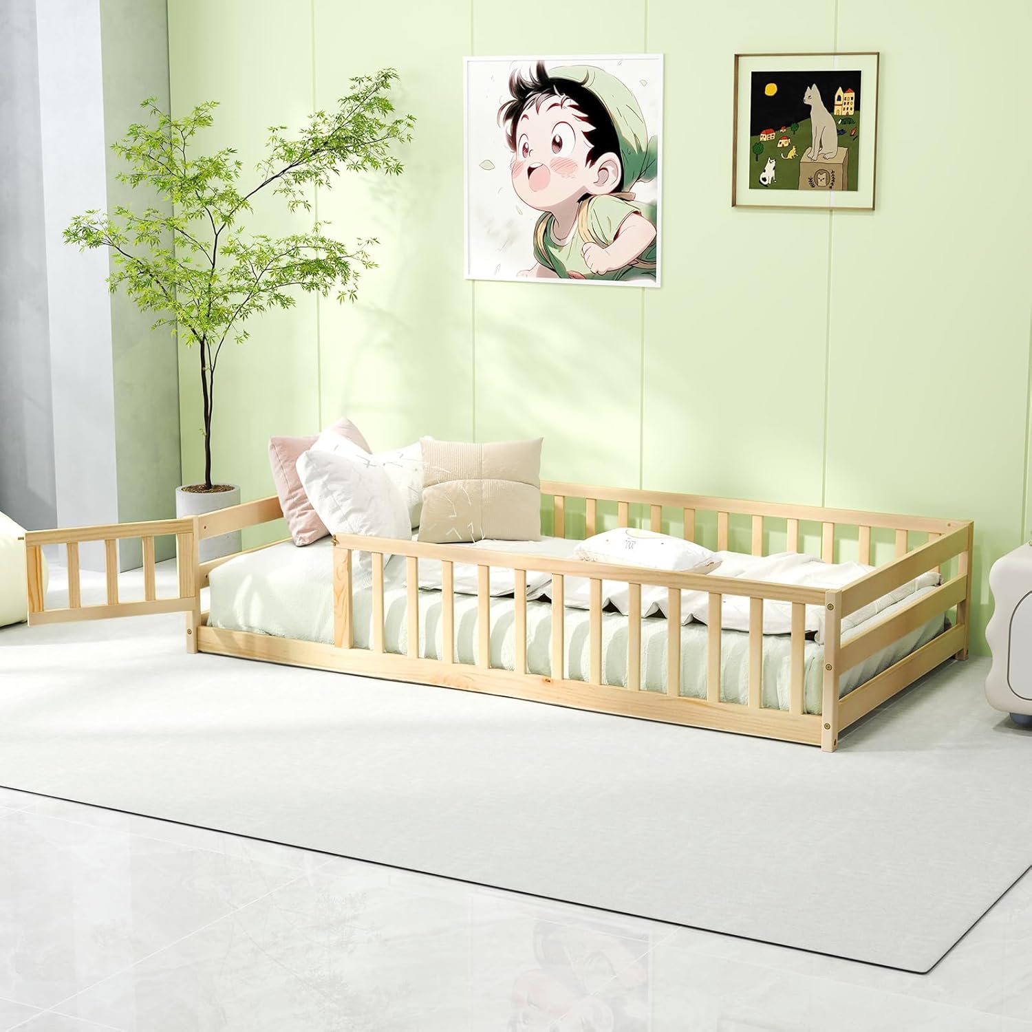 KOMFOTT Twin Size Wood Floor Bed with Door & Fence, Montessori Bed Frame with Full Length Safety Guardrails, Door & Latch, Wooden Montessori Floor Bed for Kids, Girls, Boys (Natural, Twin)