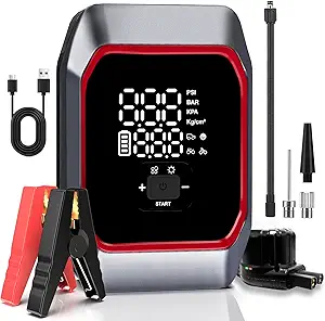 Jump Starter with Air Compressor, 2500A Portable Car Battery Jump Starter Battery Pack(8.5 Gas/8.0L Diesel Engines), UltraSafe 5" Big Touch Screen Jumper Starter Portable Jump Box with Emergency Light