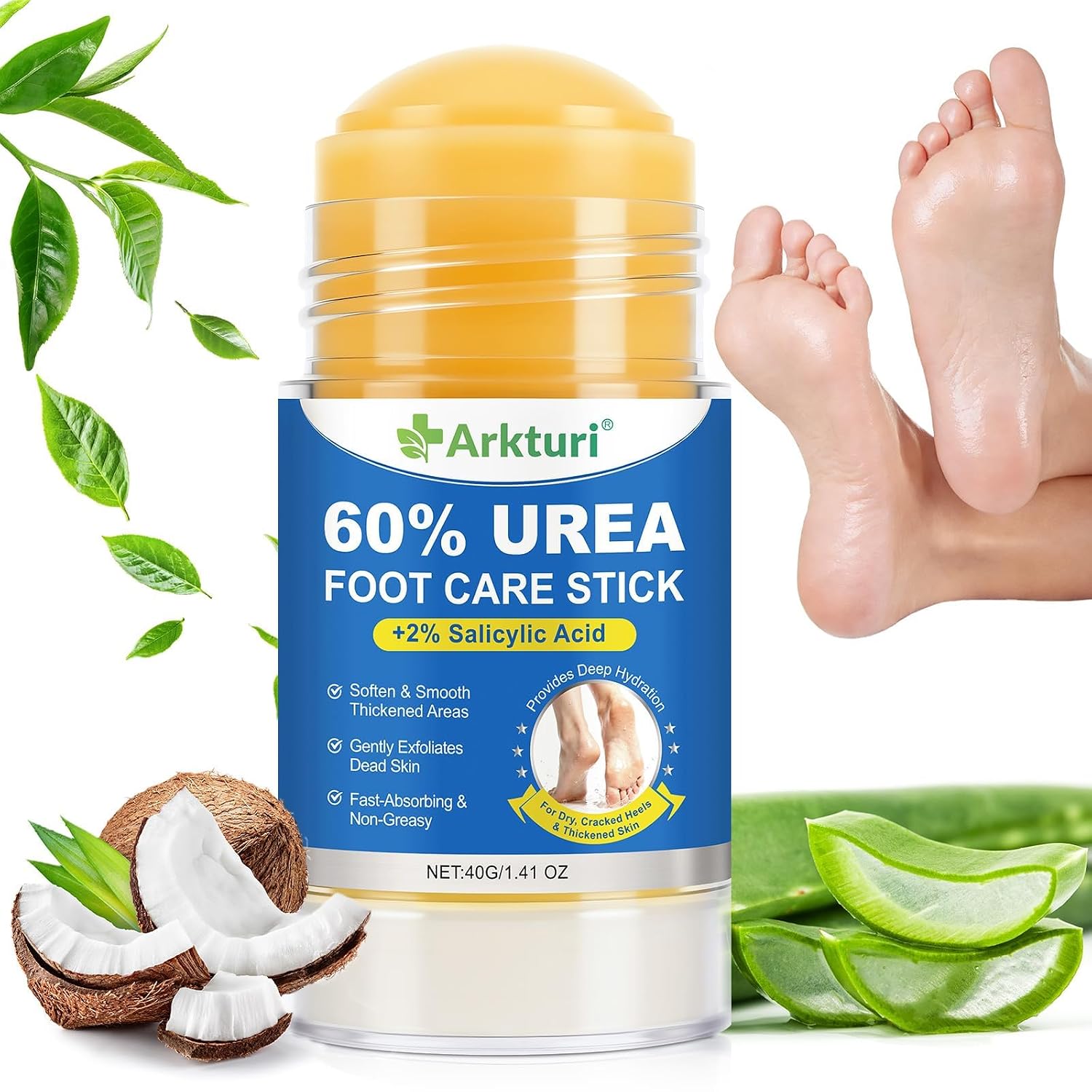 60% Urea Foot Cream Stick with 2% Salicylic Acid - Max Strength Callus Remover for Cracked Heels, Dry Hands, Knees | Exfoliating Foot Balm 1.4oz
