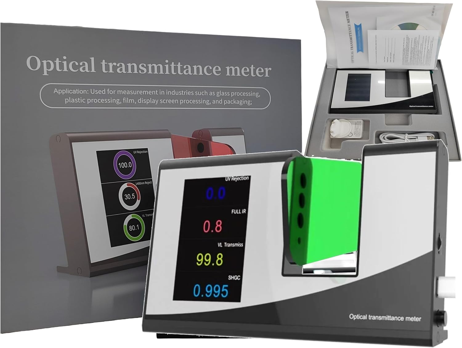 Handheld Optical Transmittance Meter Ultraviolet Transmission Meter with Illuminant UV Visible Light Infrared 940nm Infrared 1400nm SHGC and TSER Resolution 0.1% USB Interface