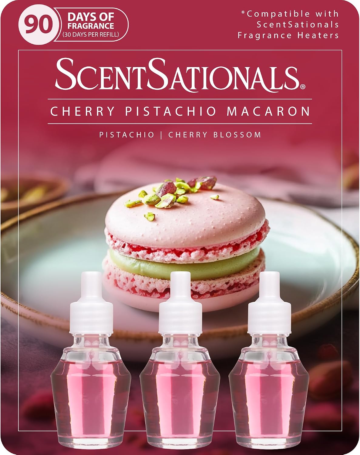 ScentSationals Cherry Pistachio Macaron Fragrance Oil Refills 3-Pack | Pistachio, & Cherry Blossom Long Lasting Fragrance Oil for Scentsationals Plug In Air Freshener, 0.8fl oz each