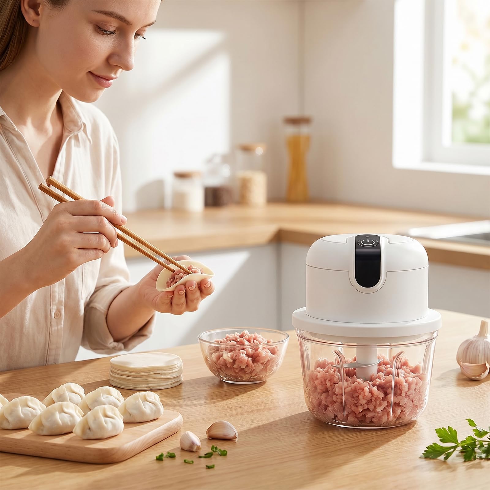 Elektrischer Küchenzerkleinerer, Mini Zwiebel Zerkleinerer Elektrisch, Zwiebelzerkleinerer Elektrisch 350ml, Kabelloser Zwiebelzerkleinerer für Zwiebeln,Obst,Nüsse,Fleisch,Knoblauch