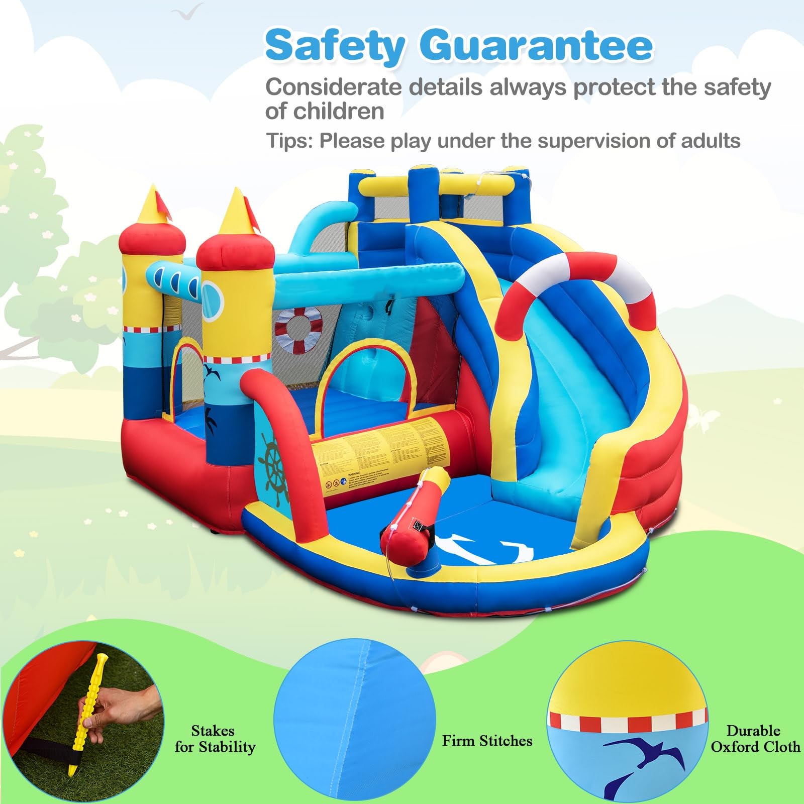 LIFEZEAL Castello Gonfiabile per 4 Bambini 3-12 Anni, Parco Aquatico, con Rete Protettiva, Giochi, Scivolo, Trampolino, Piscina, Cannone dell’Acqua, Interno, Esterno, Tema di Navigazione