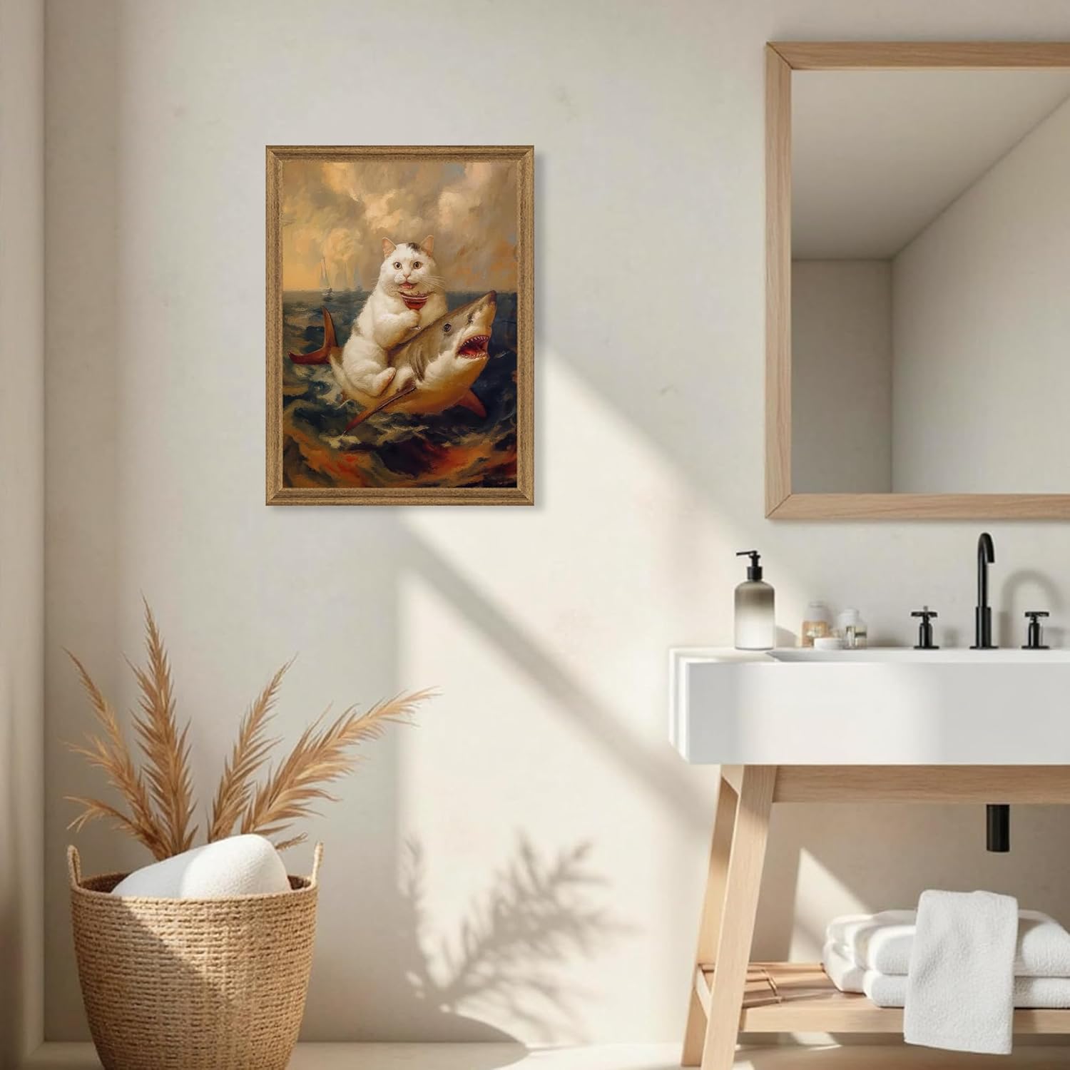 ICHZUMW Funny Cat Riding Shark Canvas Wall Art Framed, Quirky White Cat Portrait Picture Print, Humorous Unique Whimsical Animal Painting Wall Decor for Bathroom Restroom Living Room Bedroom, 16x24in
