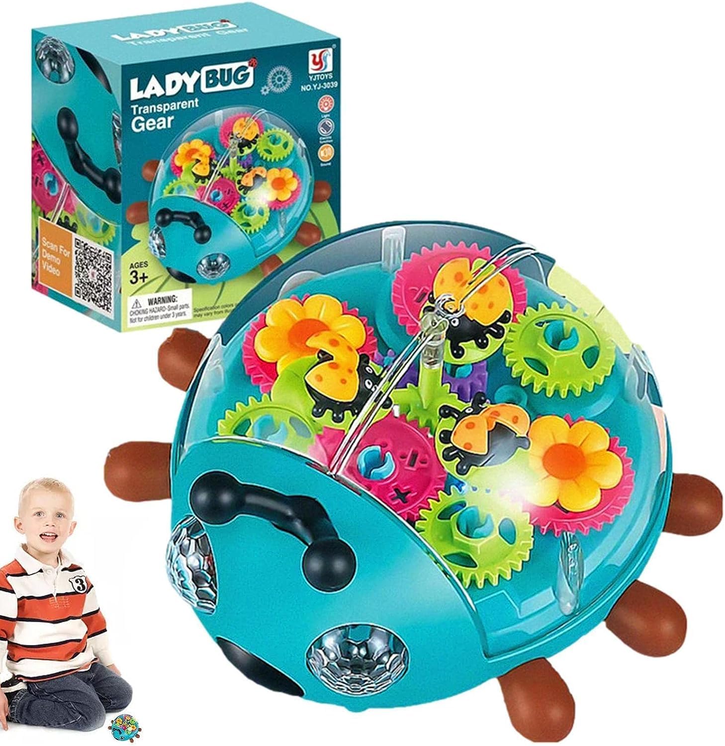 S SGTT PROTransparent Electric Ladybug Gear Toy with Flashing Lights and Music, Automatically Changes Direction, Bump and Go Toddler Car Toy, Multicolored, for Boys Girls 3+ STEM Tummy Time