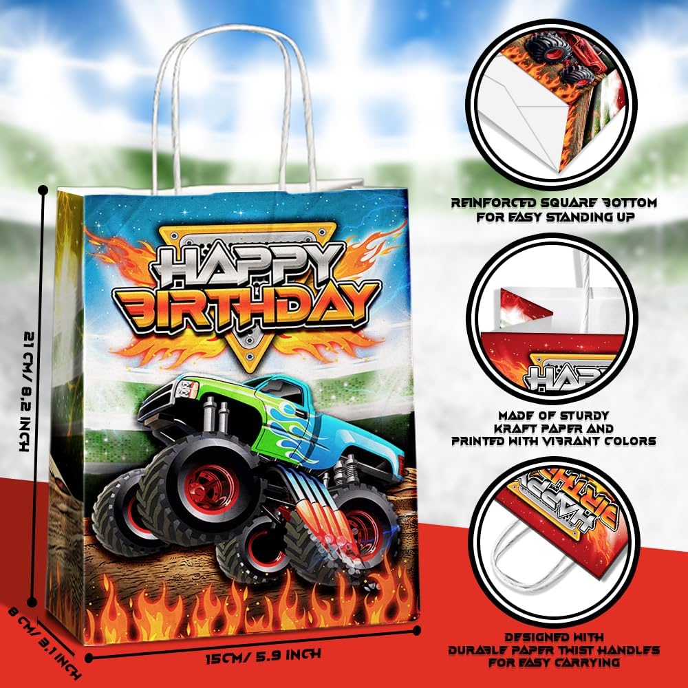 24 Pcs Monster-Truck Party Favor Bags with Handles - Racing Truck Goodie Bags Gift Bags. Checkered Theme Candy Bags for Kids, Kraft Paper Bags for Birthday Party Supplies Decorations - Image 3