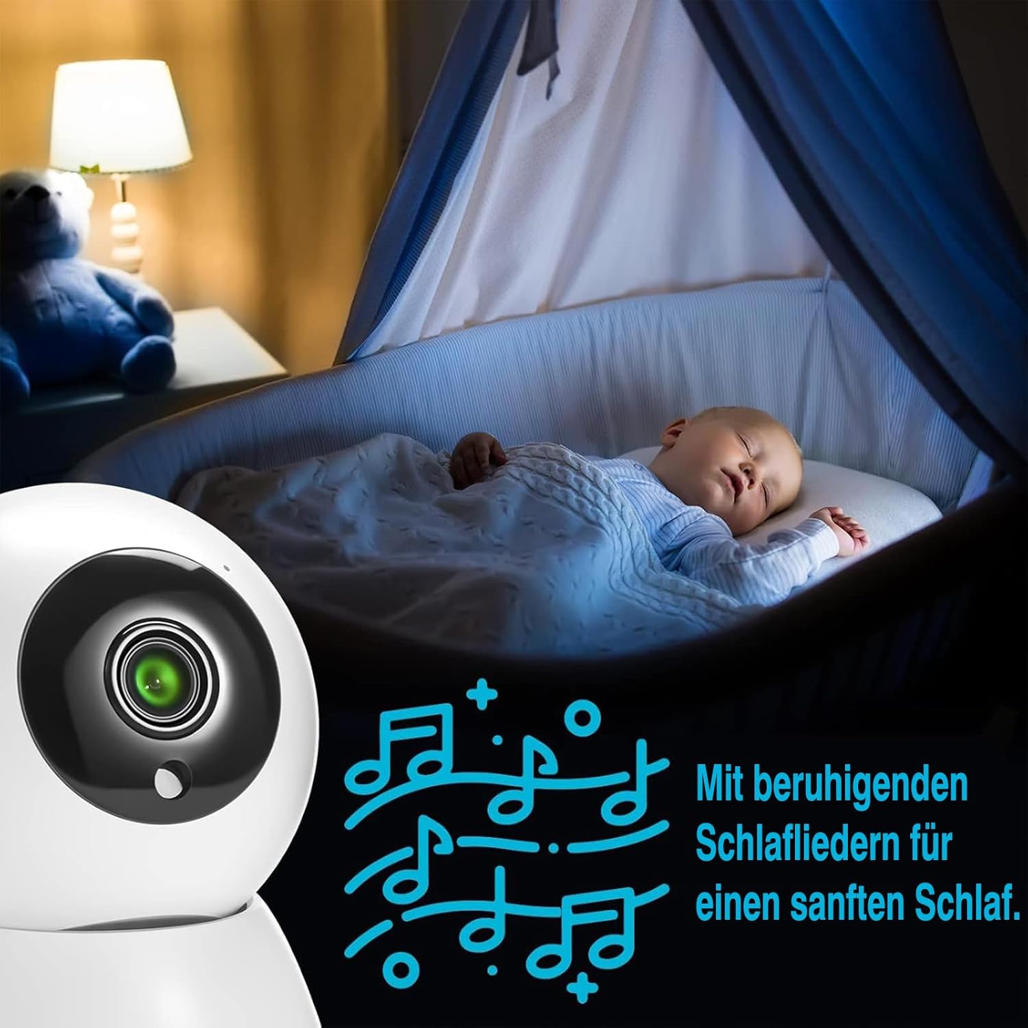 Baby sleeping peacefully with musical notes icon
