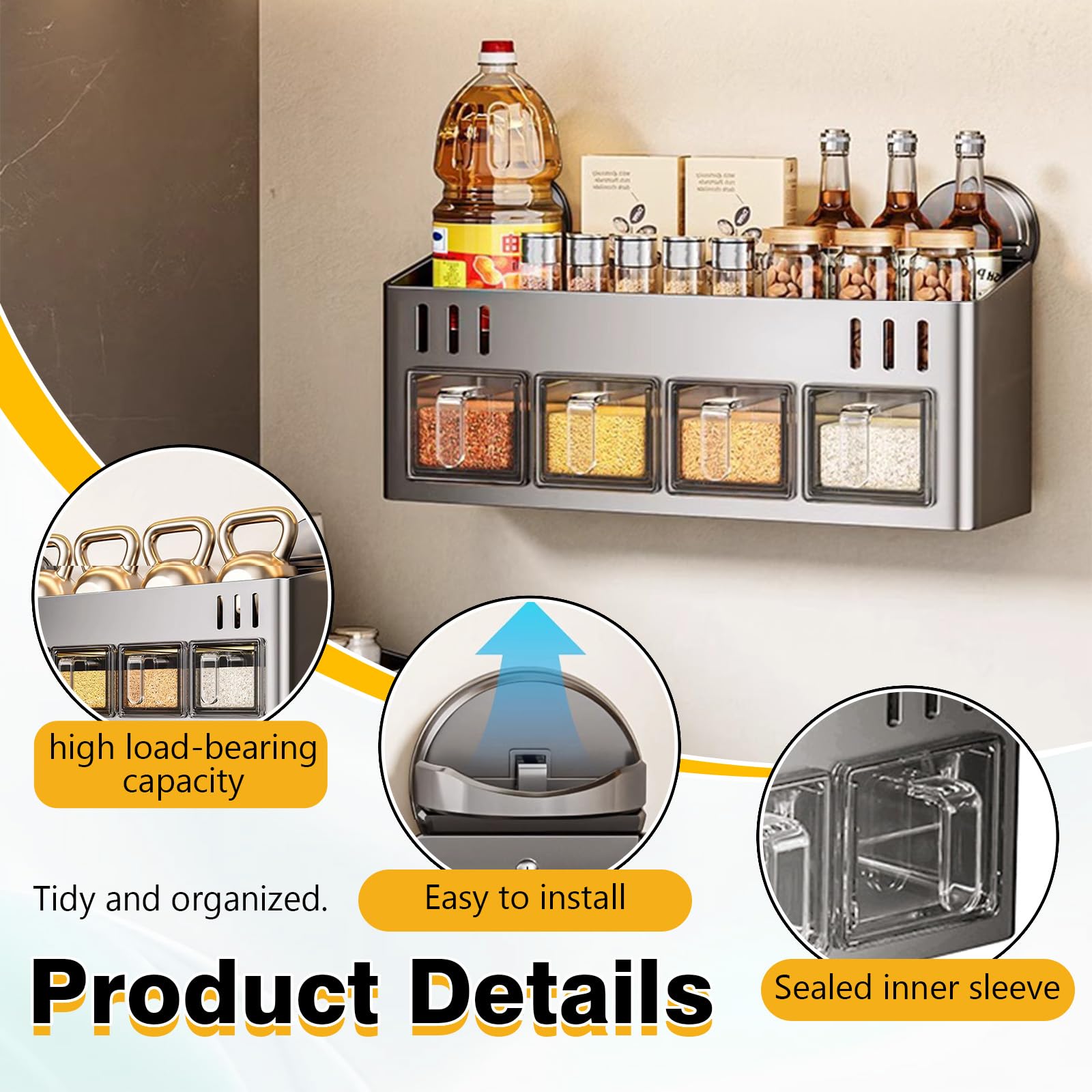 Estante para especias con botes de especias, montaje con ventosa, organizador de especias, soporte para especias de pared con gran capacidad, sin taladrar, soporte para especias para cocina