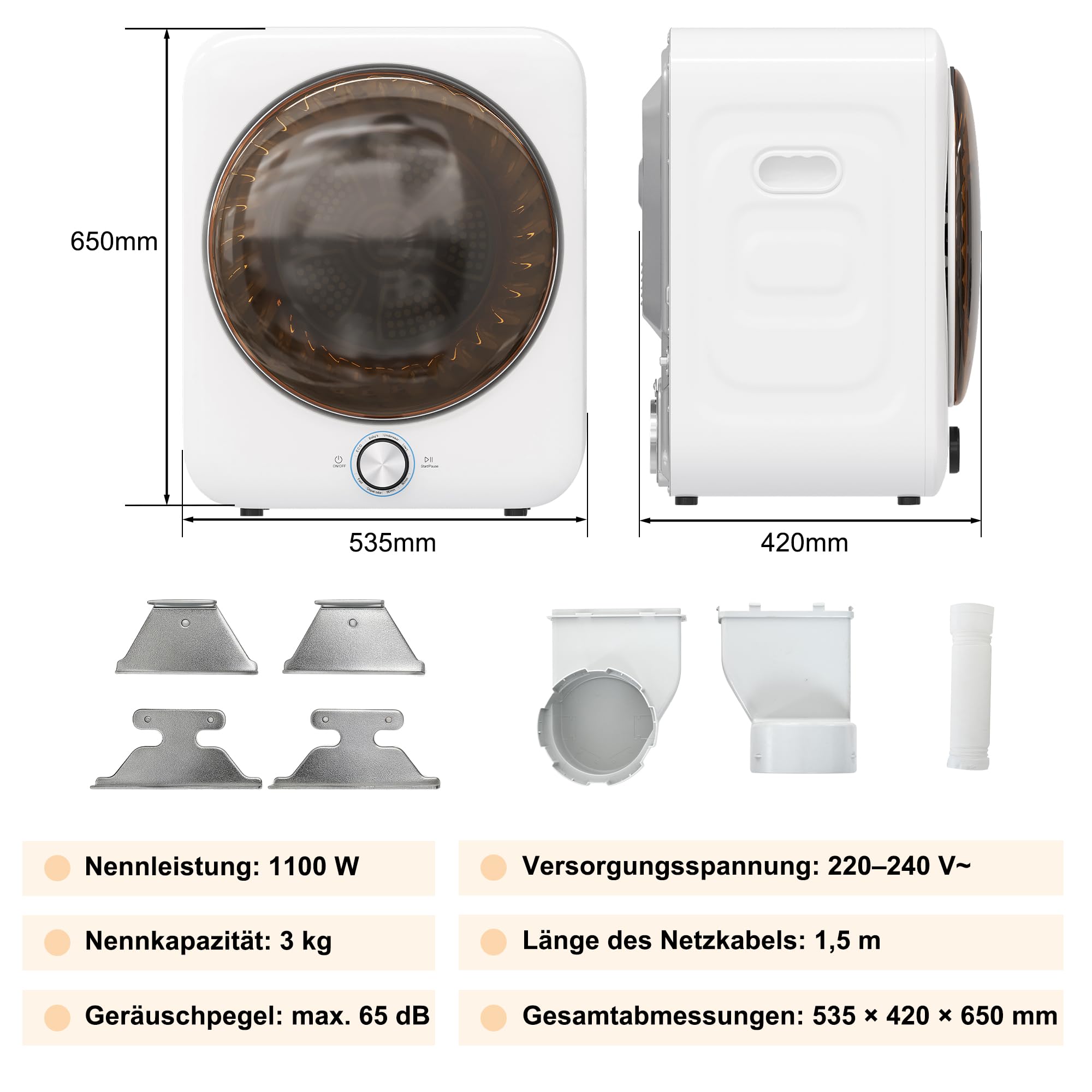 Merax Mini asciugatrice da 3 kg, 1350 W, con 8 programmi e sensore NTC, 65 dB, silenzioso, montaggio a parete, doppio filtro senza materiale di consumo, 53,5 × 42 × 65 cm, bianco