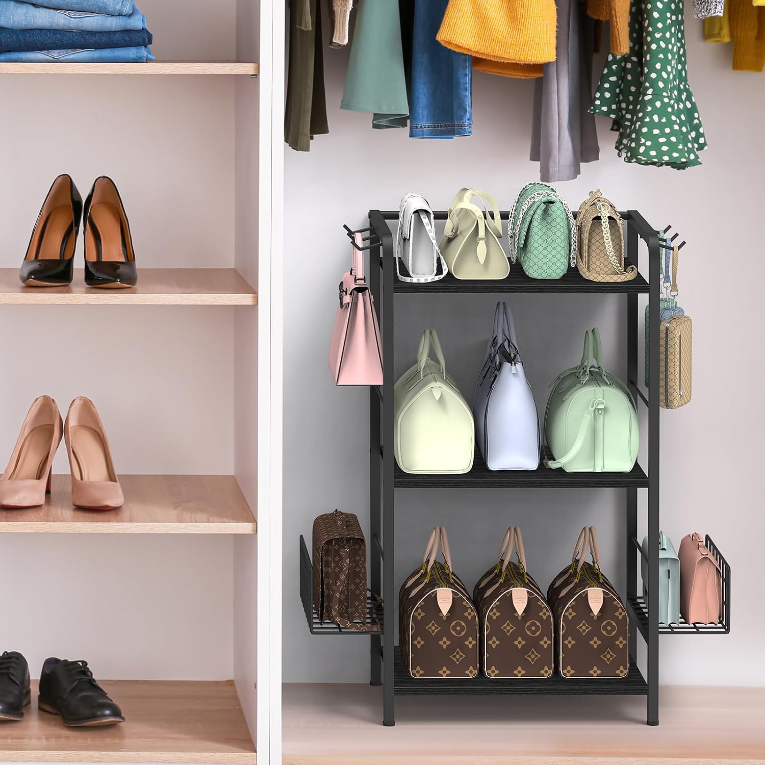 NANANARDOSO 3-Tier Purse Organizer Rack,Floor-Standing Purse Rack Stand for Handbag Storage,Display Stand Shelf for Cloakroom,Bedroom, Living Room, Black