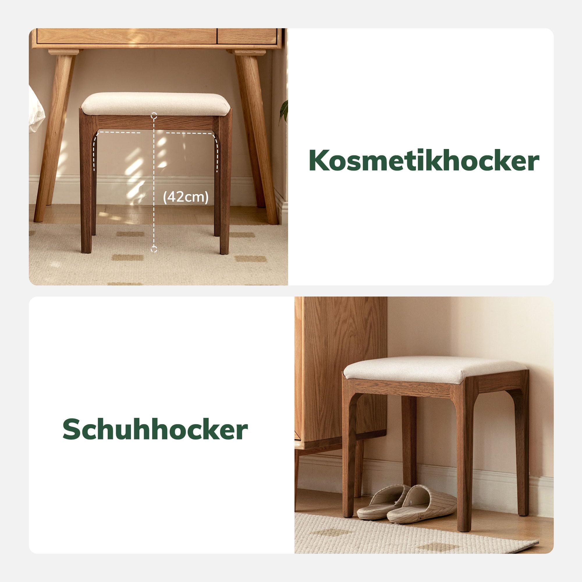 YESWOOD Schminktisch Stuhl, Stabiler Holzhocker Massivholz, Polsterhocker mit Leinenoptik, Schminktisch Hocker 42x30x42 cm, Make-up Hocker für Schlafzimmer, Eiche in Walnussfarbe
