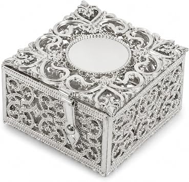 LOGOFUN Rosary Storage Box Silver Metal Keepsake Case | Elegant metal storage box for rosaries, jewelry and religious keepsakes.