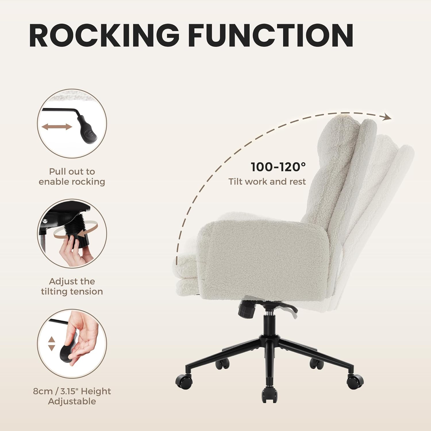 IWMH High-Back Home Office Chair,Upholstered Desk Chair with Armrests,Height Adjustable Armchair with Wheels, Swivel Office Desk Chair, Ergonomic Computer Task Chair, Leisure Armchair Cashmere(White)