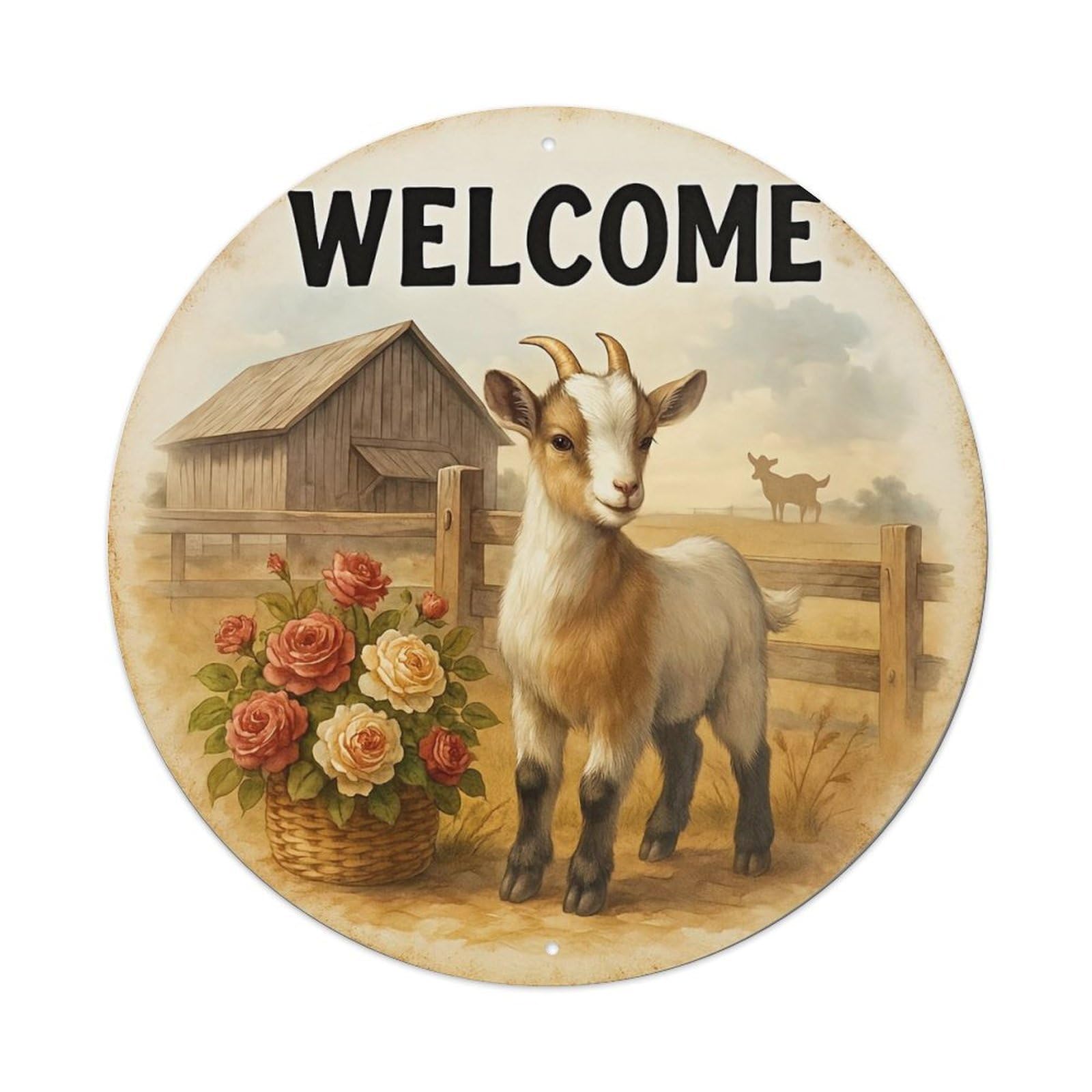 Welcome Goat Barn Flowers Fence Round Metal Tin Sign Vintage Wall Decor, Bar Garage Cafe Kitchen Home Wall Art Poster 8x8inches