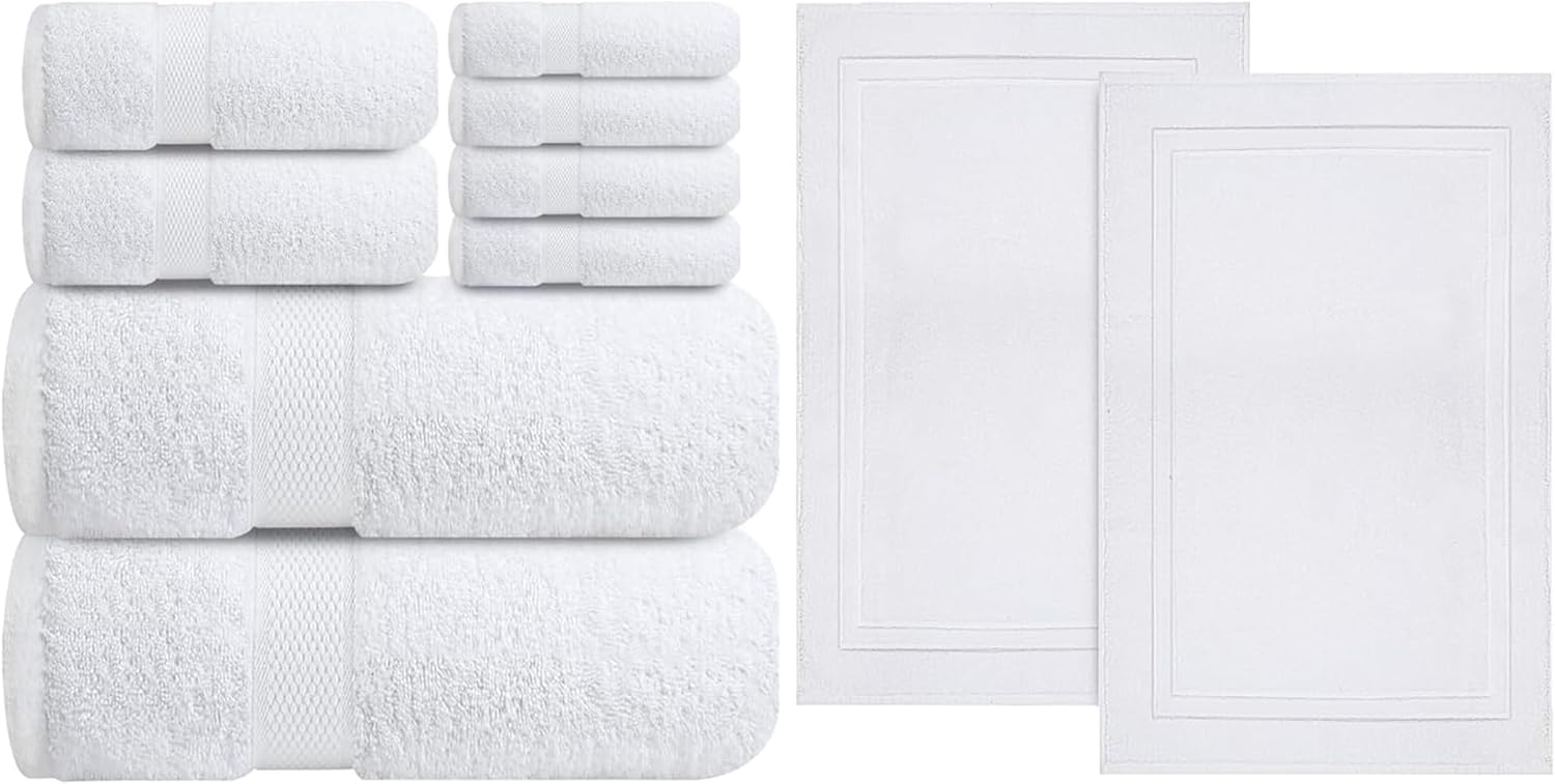 Infinitee Xclusives Premium White Bath Towels Set - [Pack of 8] 100% Cotton Highly Absorbent 2 Bath Towels, 2 Hand Towels and 4 Washcloths + Cotton Banded White Bath Mats – Pack of 2