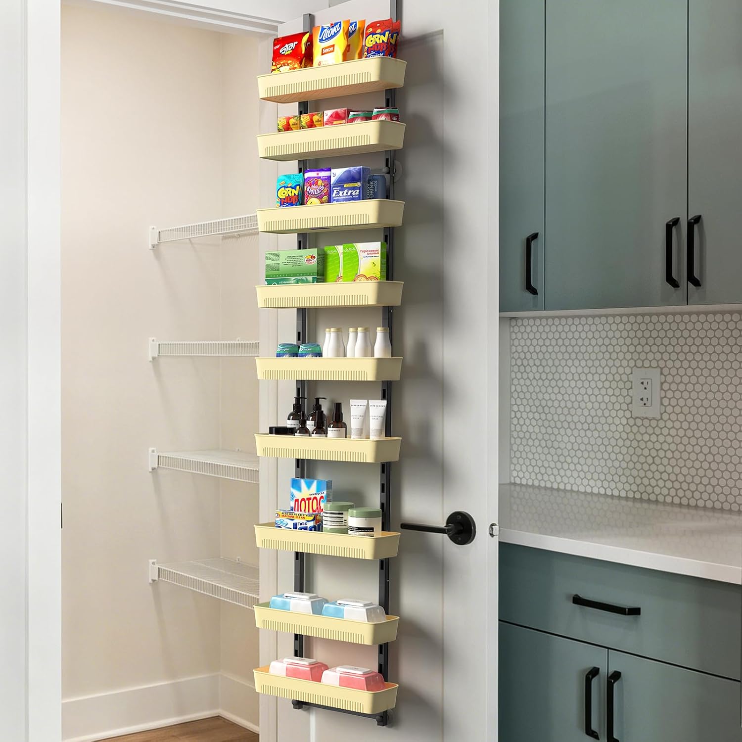 ETELI 9-Tier Over the Door Pantry Organizer with Adjustable Baskets, Metal Hanging Spice Rack, Multipurpose Over the Door Storage for Kitchen, Pantry, Bathroom and Home Organization, White
