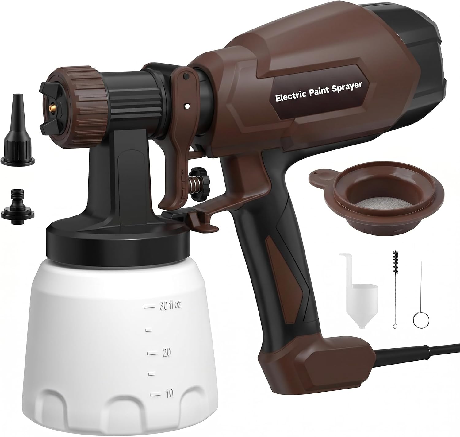 Paint Sprayer, Electric Spray Paint Gun, 3 Modes & 4 Brass Nozzles, with Cleaning & Blowing Joints, Variable Flow Control, for Doors, Fences, Walls, Cabinets, Garden Chairs, Furniture, Brown