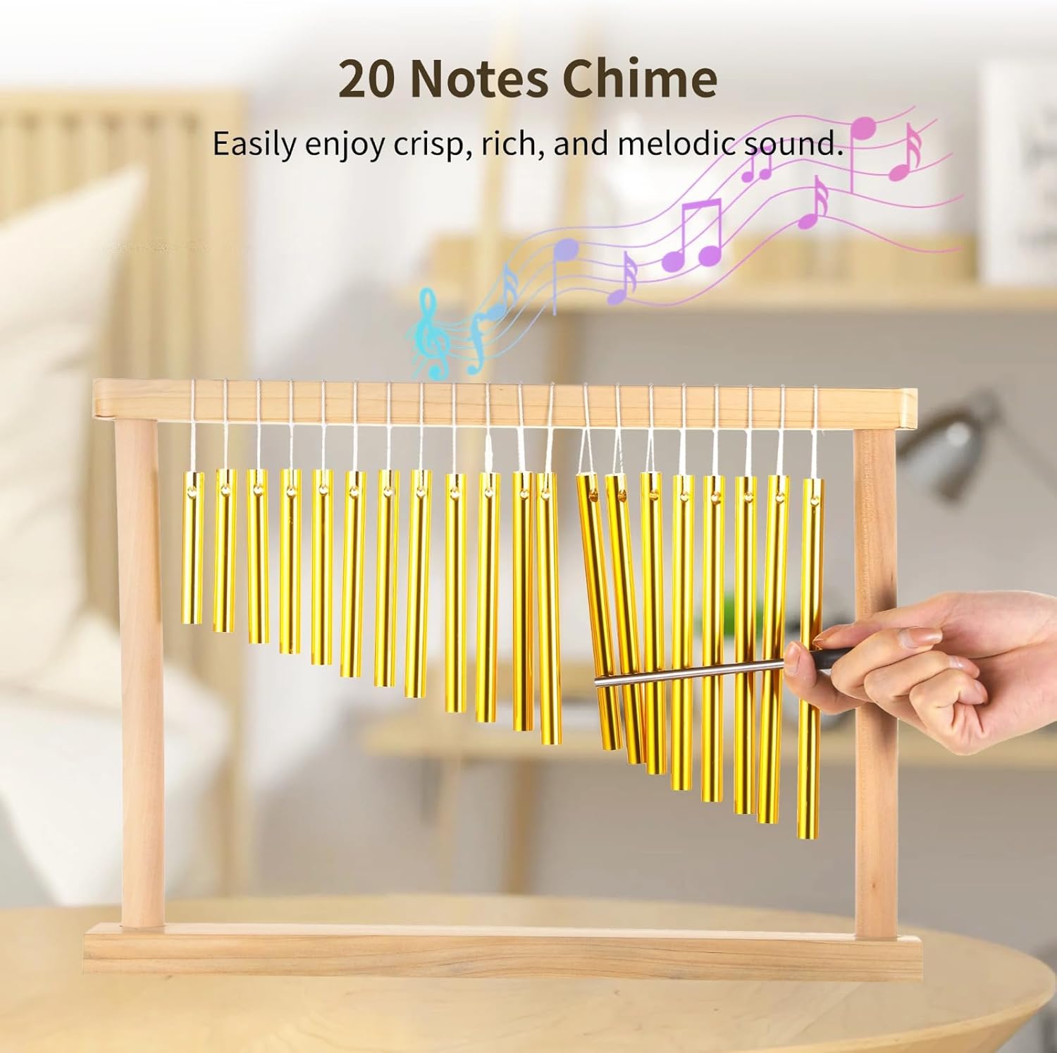 20-Note Chime with Wooden Base, Precision-Made Hand Chime for Desktop Use, Percussion with Mallet, Perfect Serenity Bell for Adults and Children