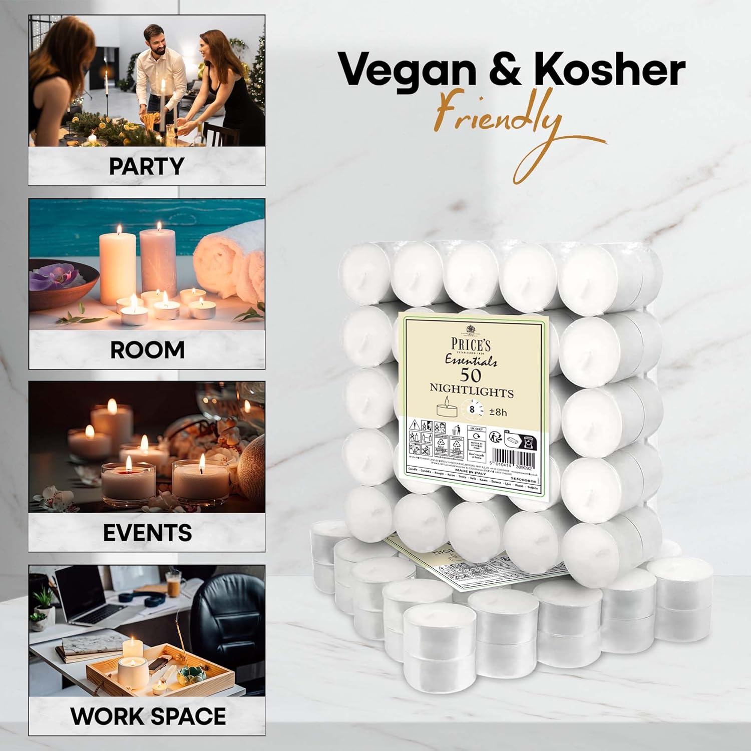 Price's Candles 50 Pack 8 Hour Tea Lights | Clean Vegan & Kosher Friendly Long Burning Tea Lights Great for Everday Use | Unscented Tealights Great for Everday Use