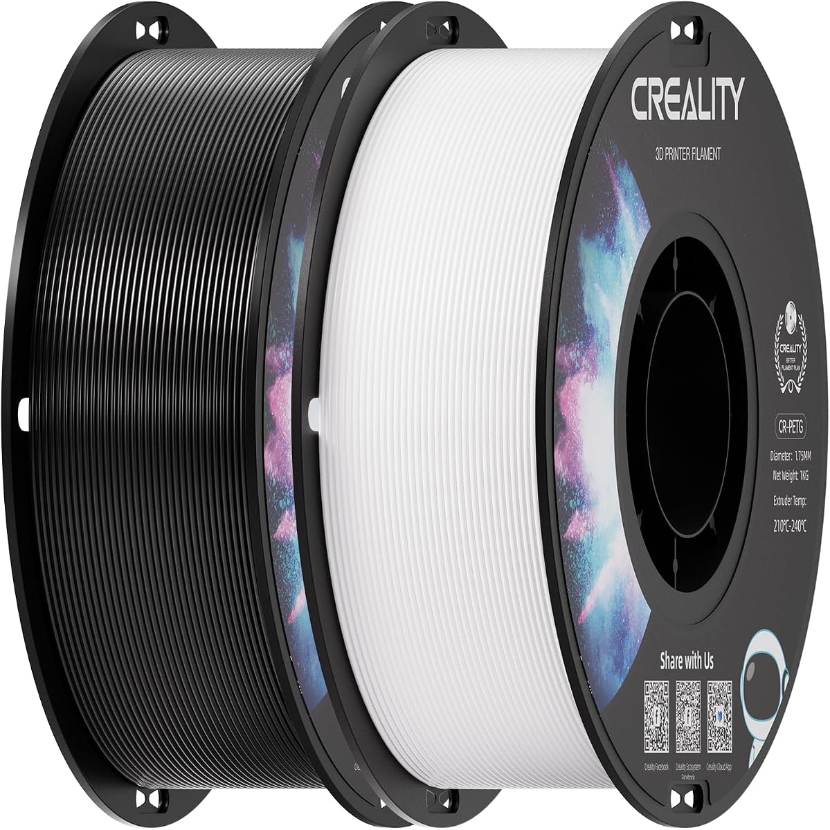 Creality 2 kg Filamento PETG blanco y negro de 1,75 mm, paquete de filamentos para impresora 3D, excelente dureza, alta precisión, inodoro, no tóxico, a prueba de humedad, brillante, precisión +/- 0,02 mm
