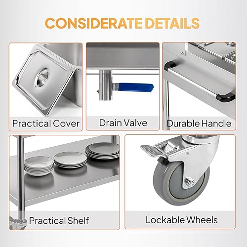 Miniatura 6 de ROVSUN 72QT Calentador eléctrico comercial de alimentos de 1500 W, mesa de vapor de 9 cuartossartén de acero inoxidable de 8 cuartos de galón con