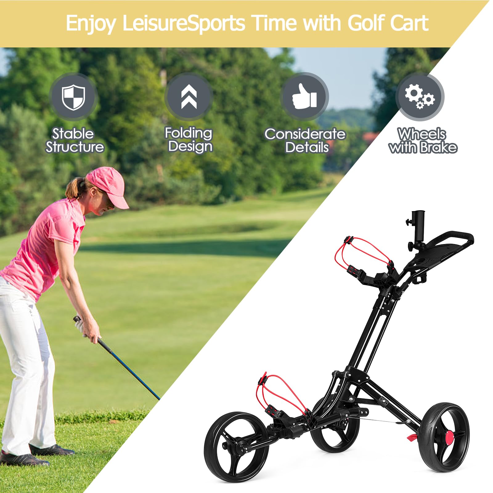 LIFEZEAL Chariot de Golf Pliable à 3 Roues Verrouillables et Poignée Réglable, Chariot de Golf Manuel en Métal avec Porte-Parapluie, Porte-gobelet
