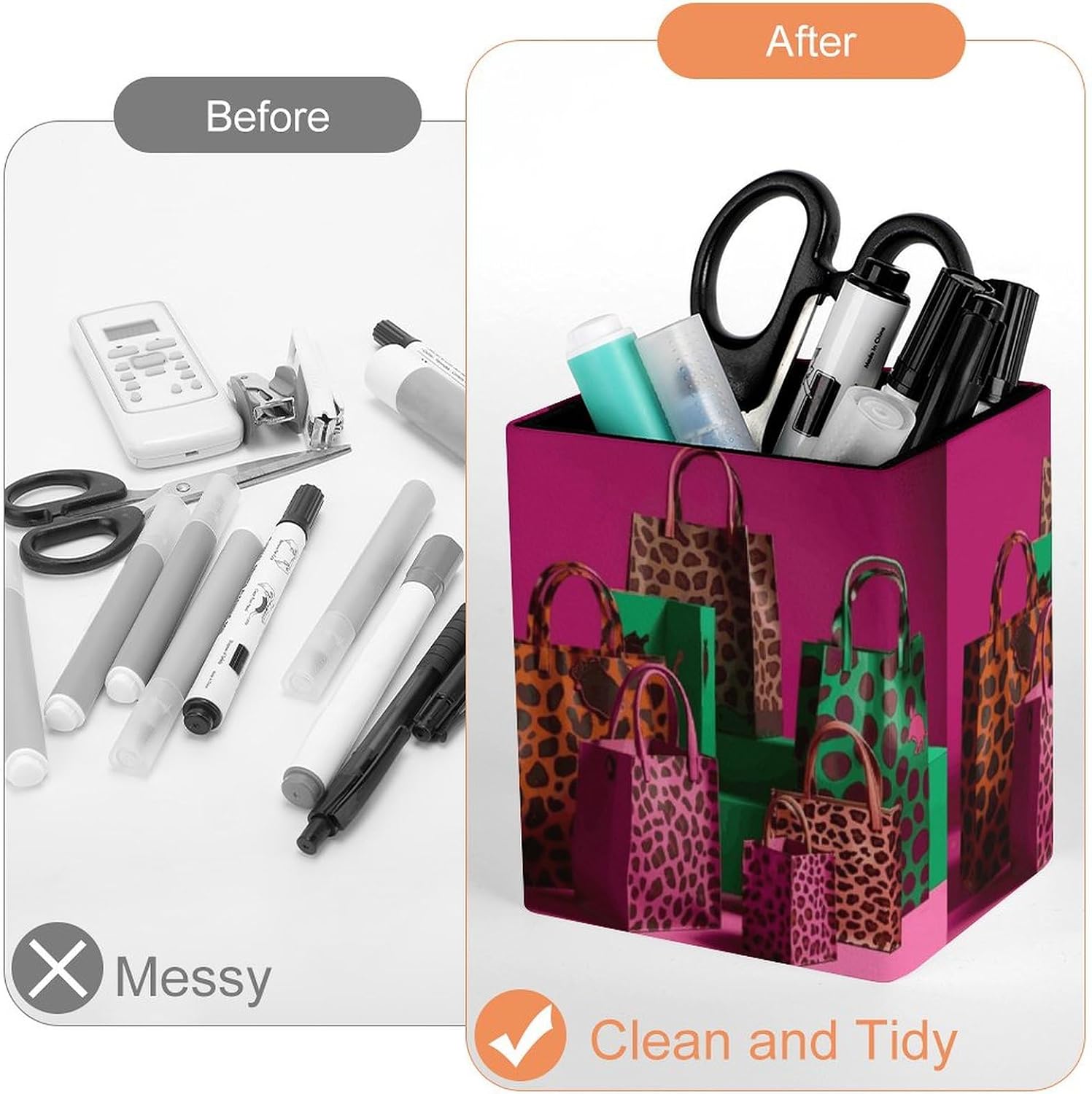 Leopard Print Shopping Bag Pen Holder Waterproof PU Pencil Cup Women Makeup Brush Holder Cute Office Desk Organizer Accessories for Home Office image 3