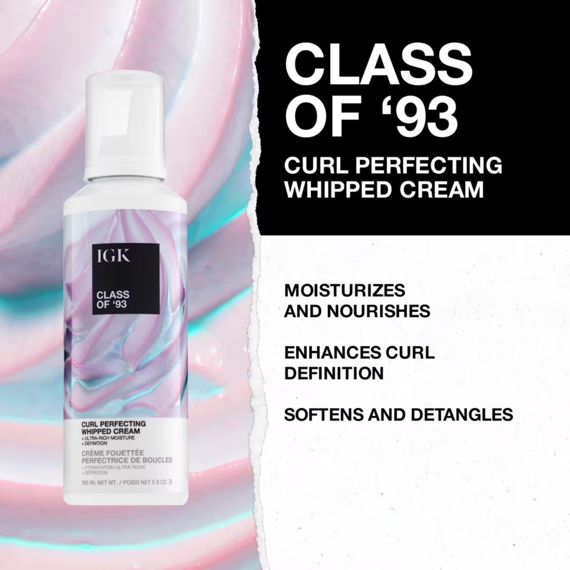 IGK CLASS OF ’93 Curl Perfecting Whipped Cream | Lightweight Styling Cream for Soft, Defined Curls | Moisturizes + Controls Frizz | Vegan + Cruelty Free | 5.5 Oz