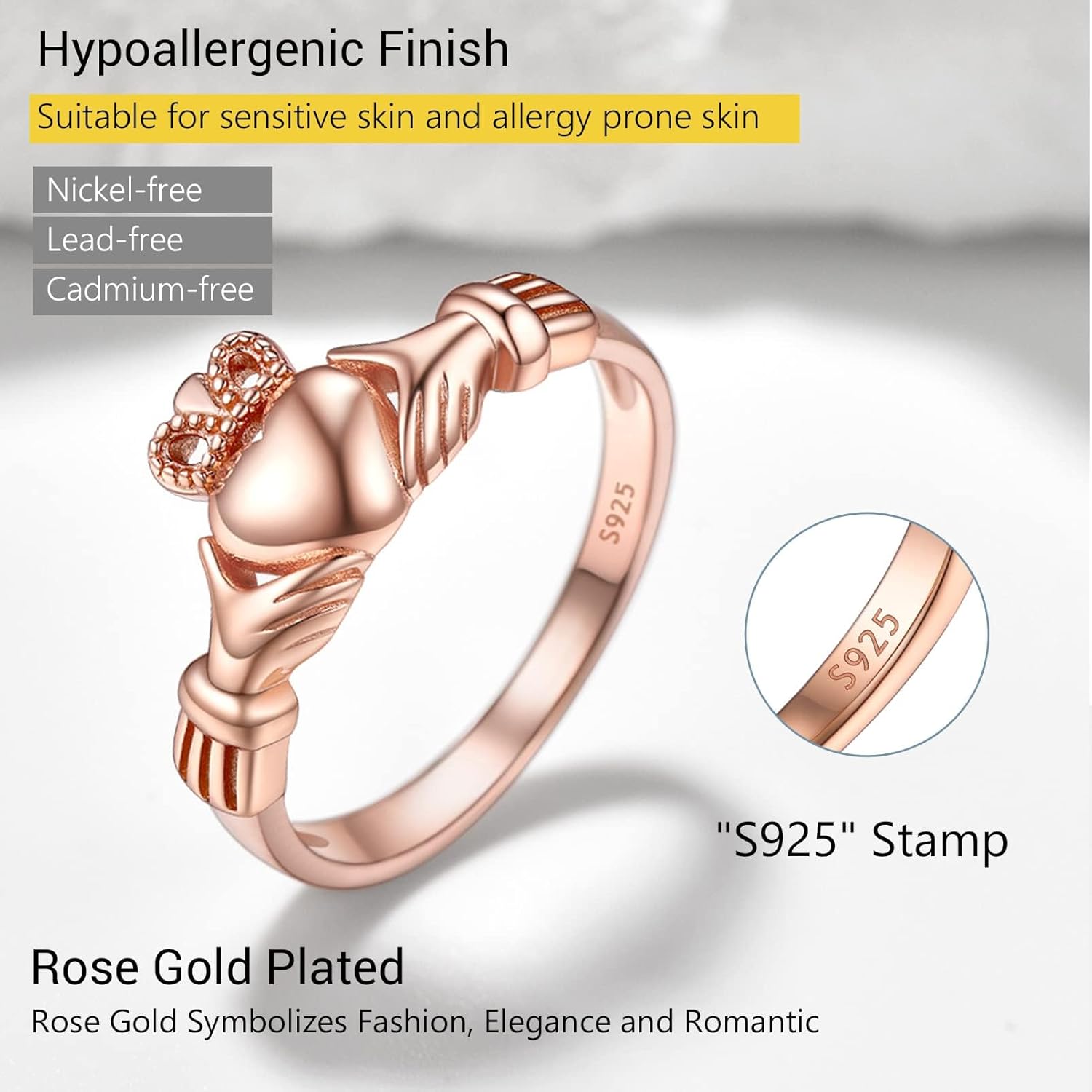PROSILVER 925 Sterling Silver Claddagh Ring/Celtic Knot Ring for Women, Irish Wedding Band, Rose Gold Plated/Gold Plated, Size 4-12, Come with Box