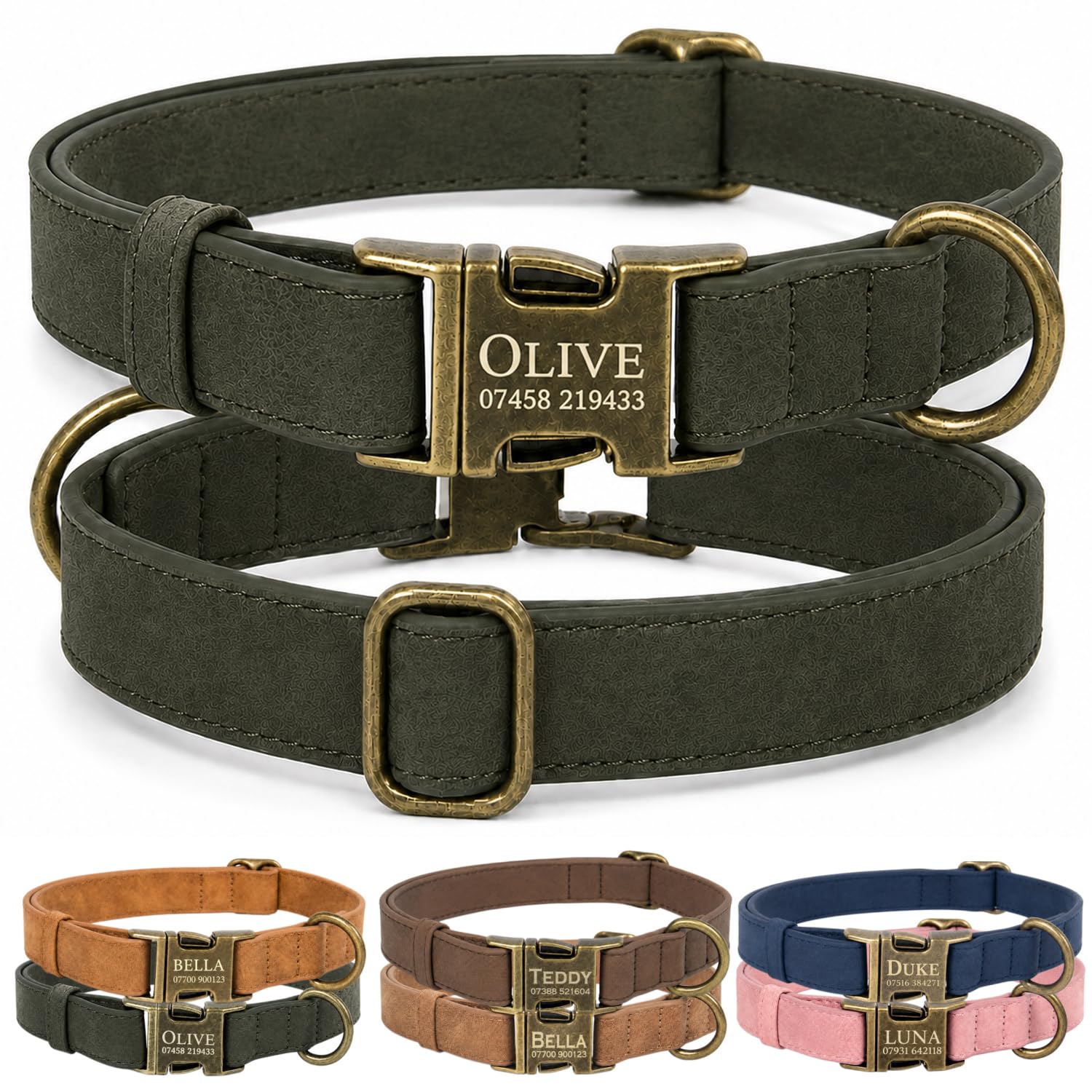 Personalised Leather Dog Collar with Name and Phone Number, Soft PU Leather Custom Dog Collar with Engraved Metal Buckle in UK, Vintage Adjustable Collar for Small Medium Large Dogs