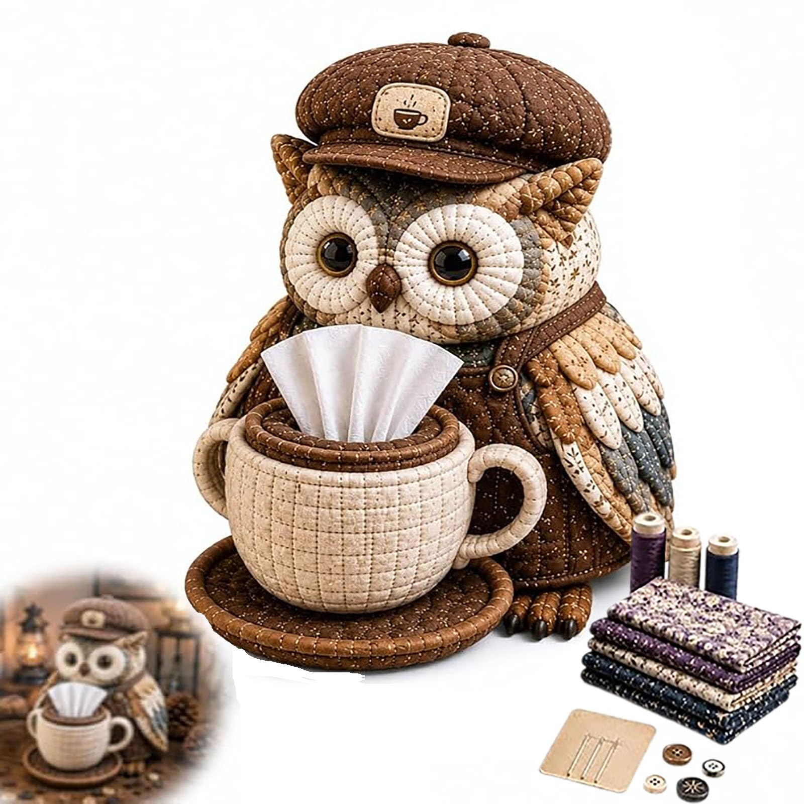 Wise Owl Quilted Tissue Box DIY Sewing Kit, DIY Patchwork Animal Kit, Handmade Owls Holder Cover, Patchwork Fabric Animal Tissue Boxes, Cute Owl Home Decor Gifts for Adults & Beginners (#D)