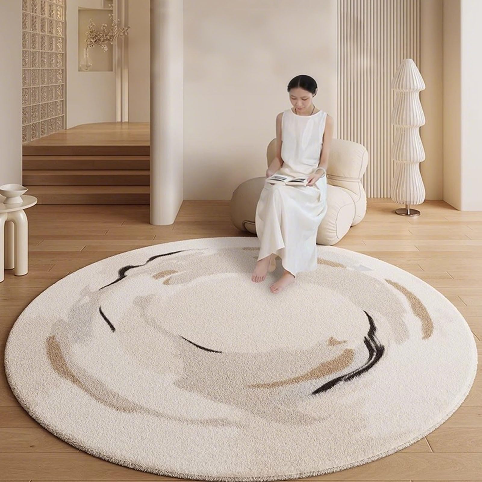 Runder Teppich Im Creme-Stil, Flauschig Kurzflor Teppich für Wohnzimmer & Schlafzimmer, Weicher Kunstfell-Teppich für Ankleide, Sessel, Schreibtisch (5 200cm)