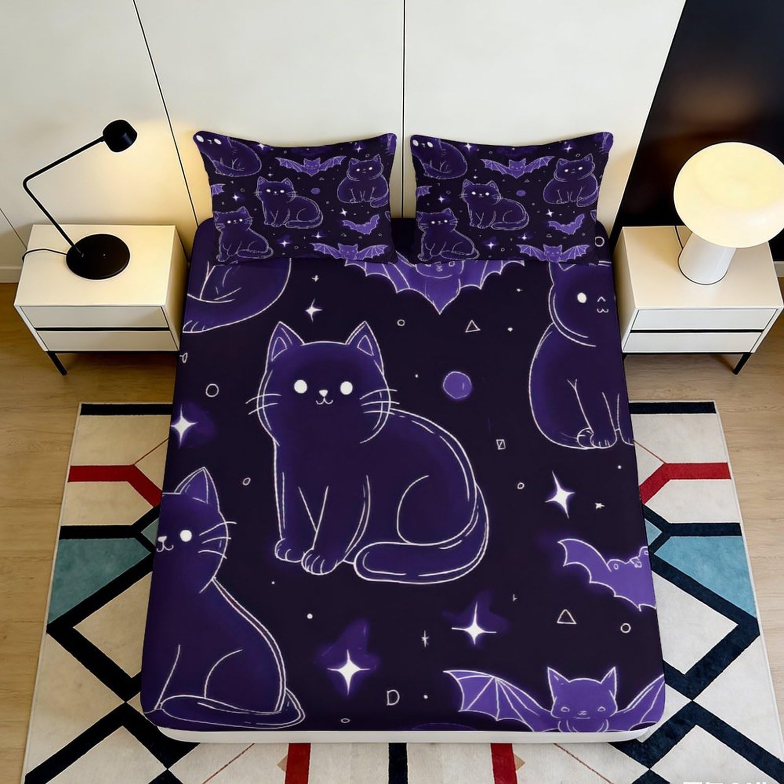 3D Printed dark cat fitted sheet, microfiber soft touch, wrinkle resistant, stylish room accent, apartment bedding, bed cover for main bedroom 90x200x25cm