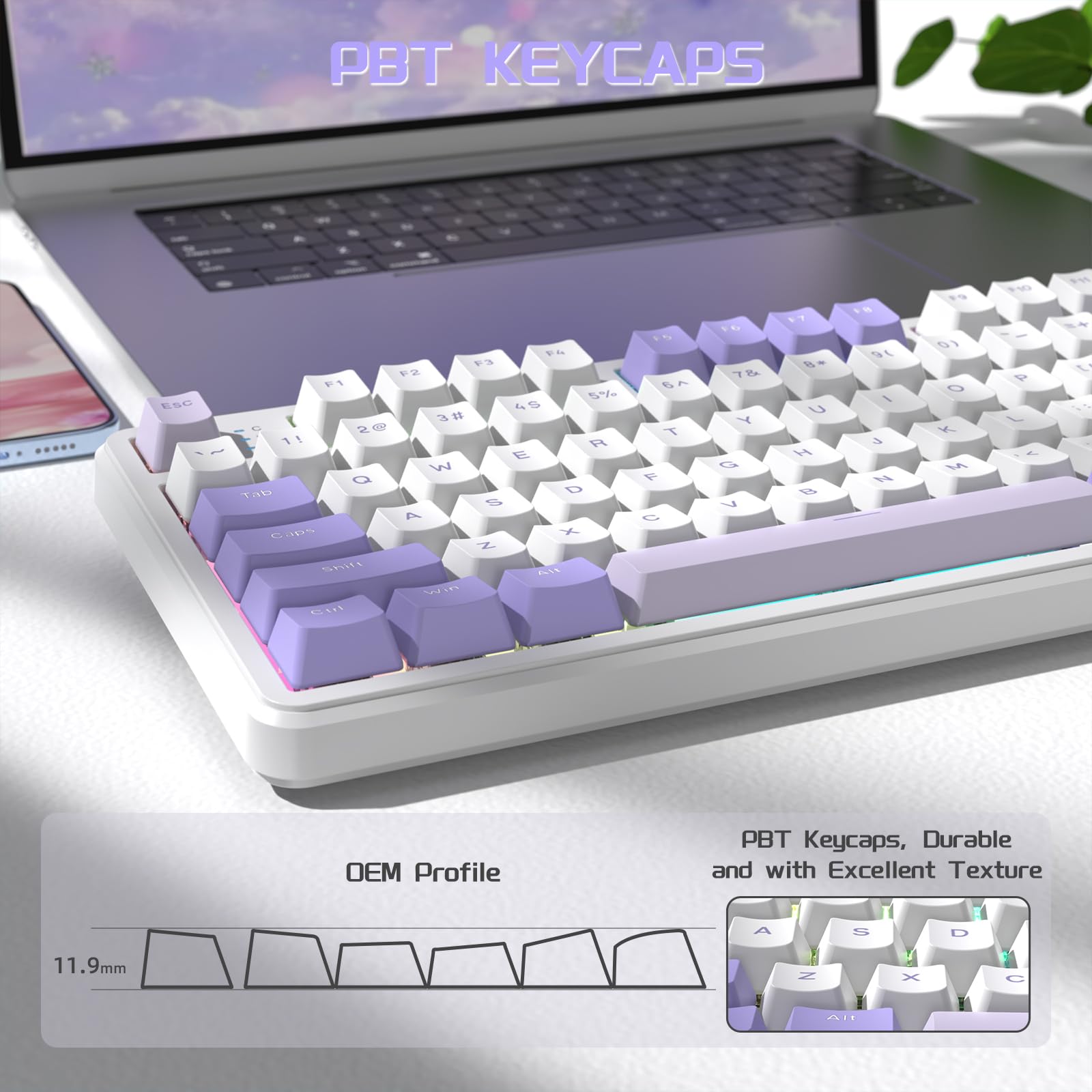 LexonElec X Attack Shark X87 Kabellose Gaming-Tastatur, Tri-Modus-BT/2.4G/Verkabelt, Hot-Swap-fähig, Linearschalter, 87 Tasten PBT-Tastenkappe, Dichtung Struktur, RGB-Tastatur(Lila)