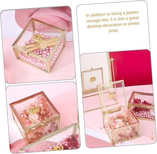 Miniatura 9 de Amosfun Caja de joyería de vidrio Contenedor transparente Decoración retro Decoración dorada vitrina de cristal de joyería vitrina preservada Flor
