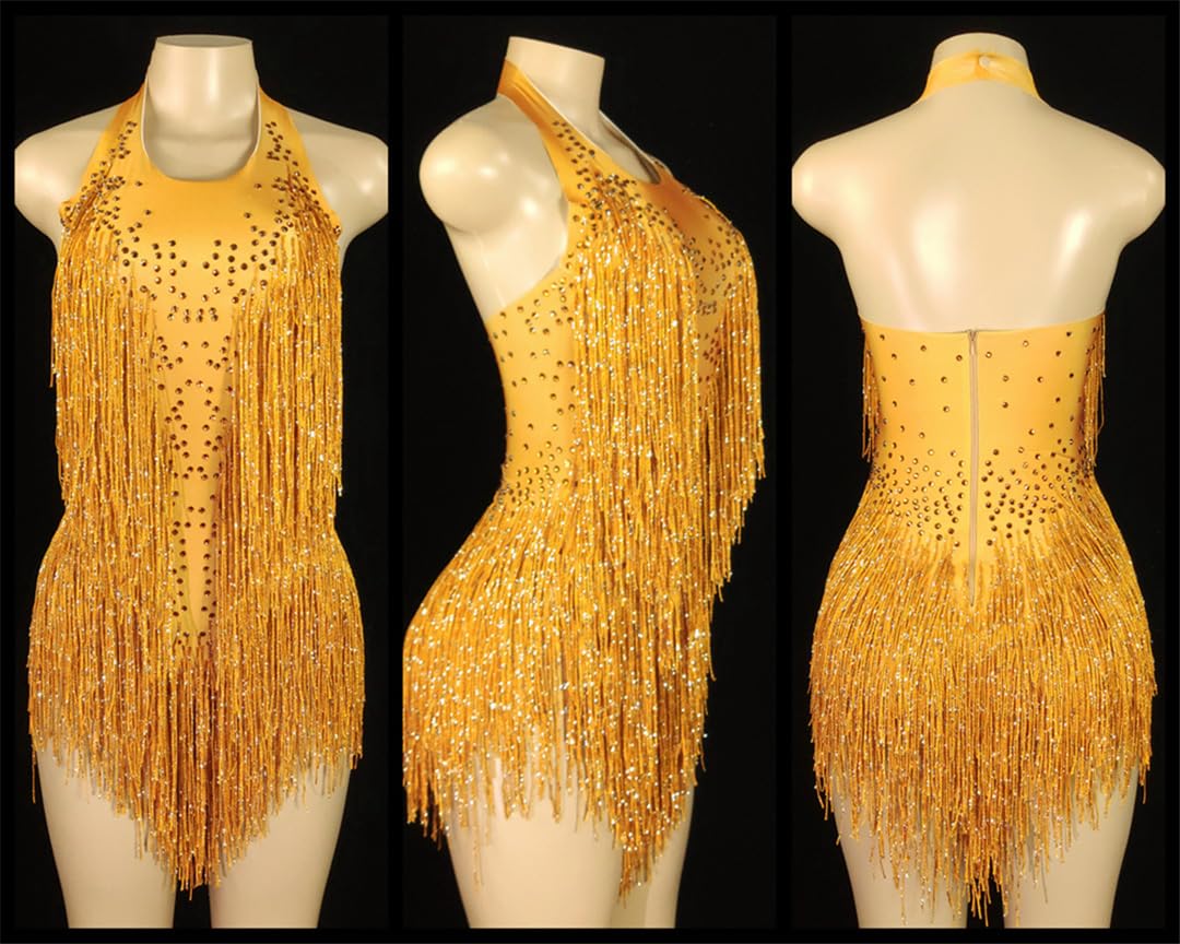 Body sexy con flecos de cristales brillantes y borlas, traje de baile de jazz, ropa de una pieza para escenario