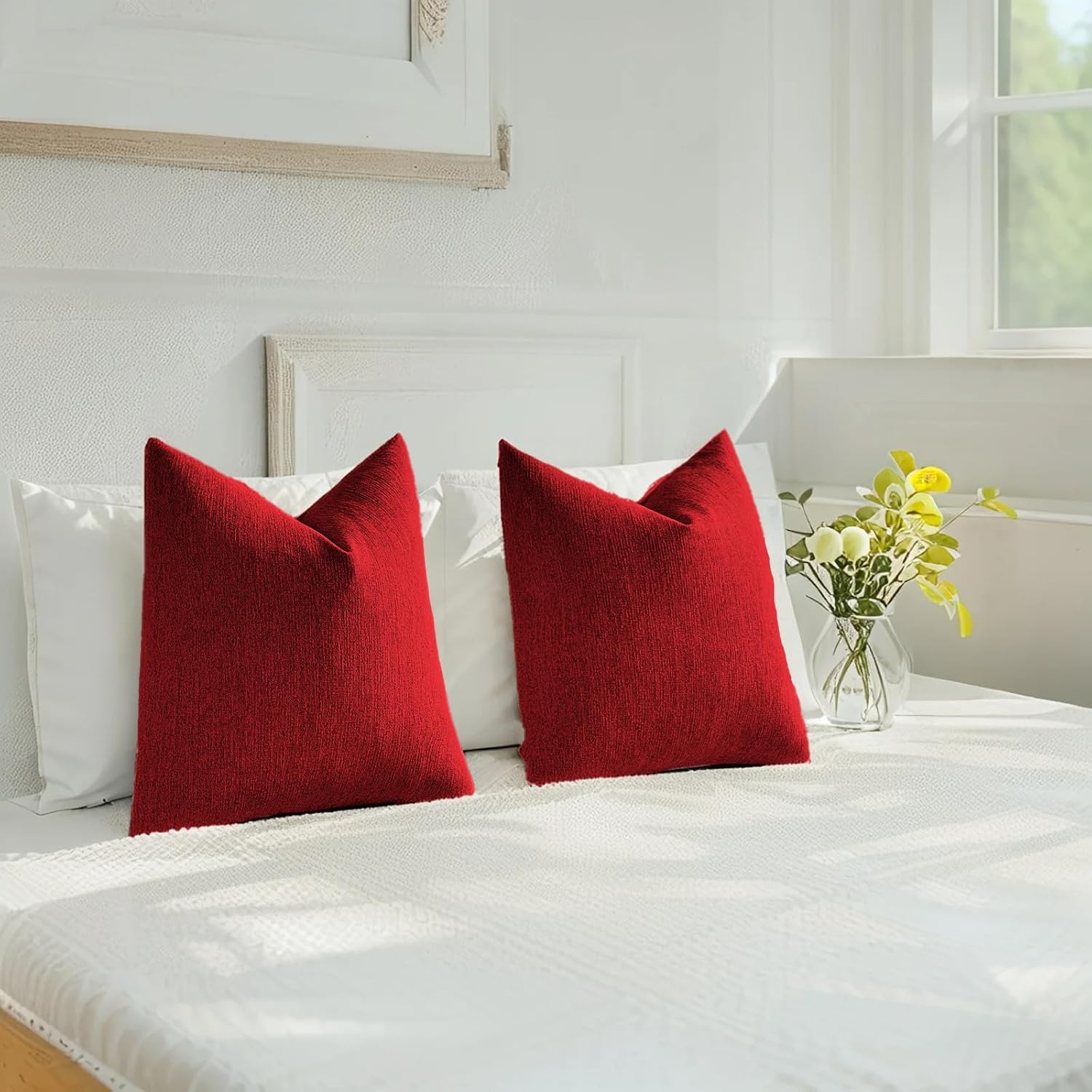 HAUSSY Red Throw Pillow Covers 20x20 Inch Set of 2,Boho Decorative Faux Linen Throw Pillows Cozy Farmhouse Accent Cushion Covers,Home Decor for Couch Sofa Bed Living Room