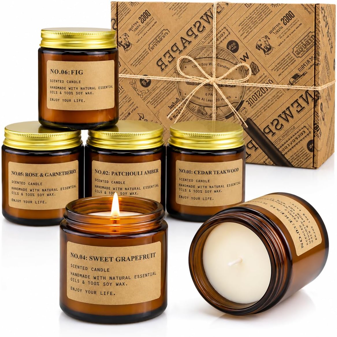 6 Pack Candles Gifts Set for Women, Home Scented Candle Amber Fig Rose Mint, Jar Candles Presents for Mom Her Woman Stress Relief, Set Birthday Weddings Present, Deep Sleep Candles