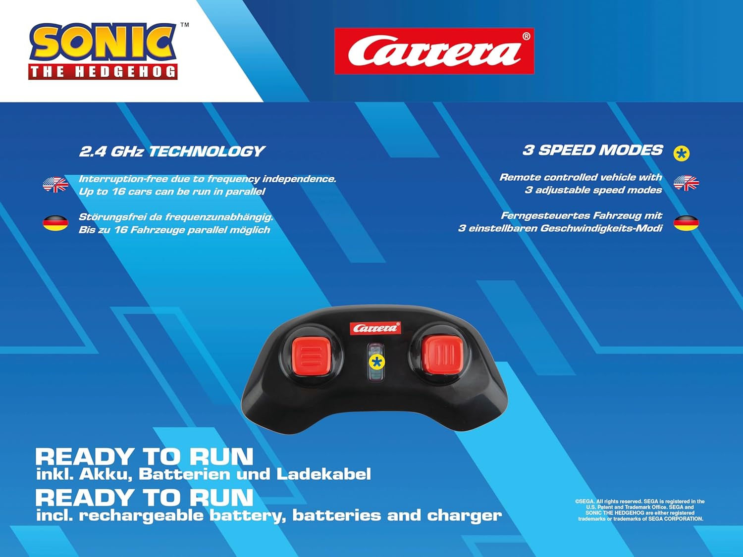 Carrera RC remote control showing 2.4 GHz technology and three speed modes.