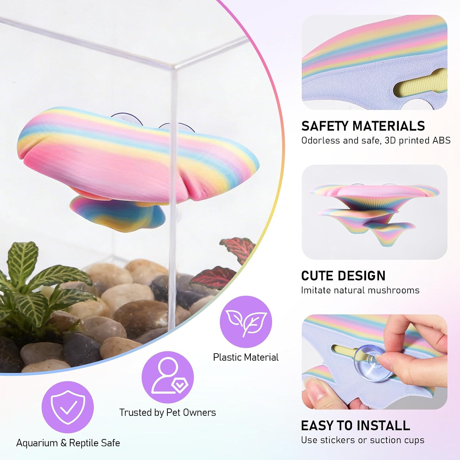 Mushroom Reptile Tank Decor, Mushroom Climbing and Resting Platform Habitat for Tree Frog Terrarium, Reptile Ledge for Leopard Gecko, Lizards, Fish, Turtle, Hermit Crab (Colorful)
