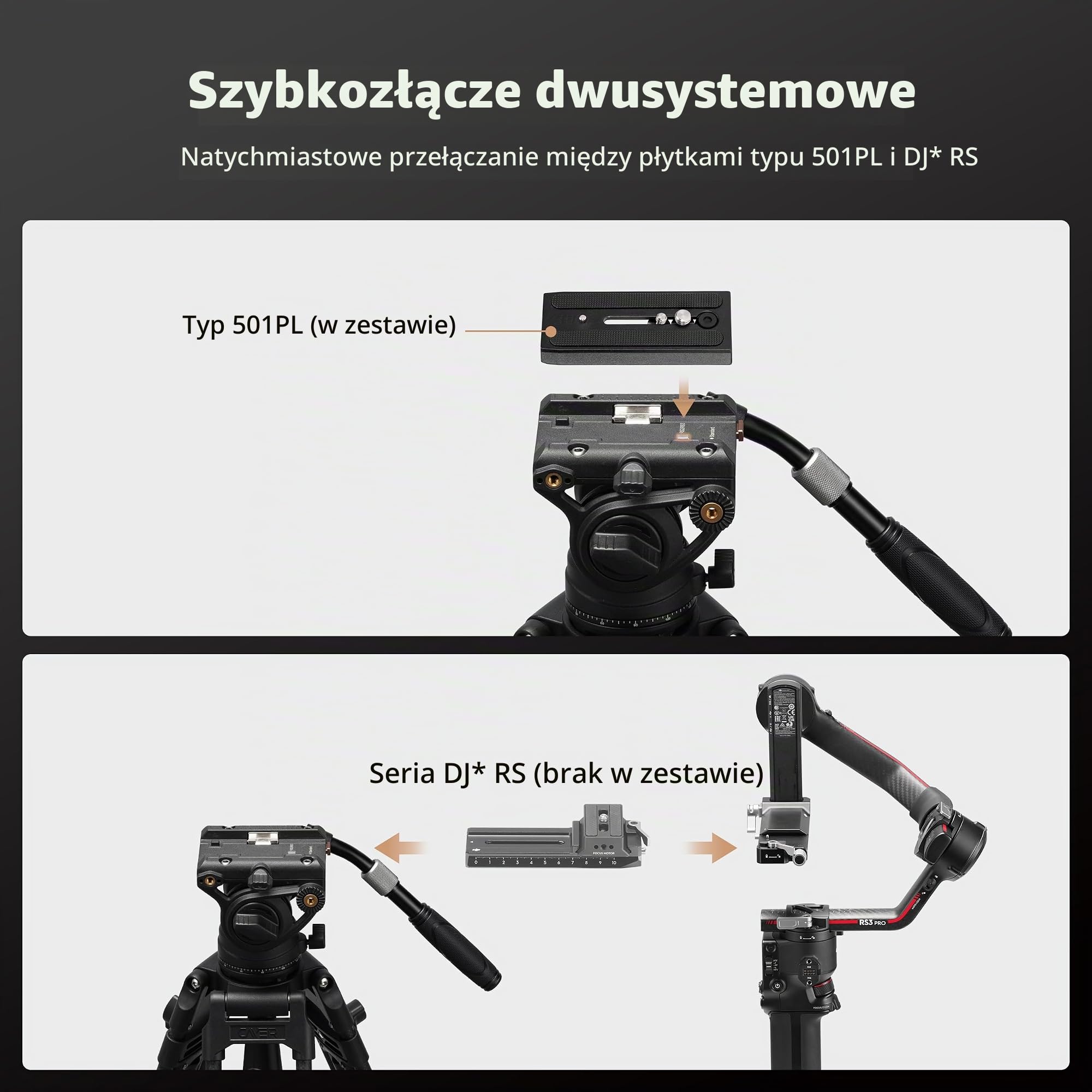 Cayer Statyw wideo, głowica Fluid z płytką do szybkiej wymiany, uchwyt teleskopowy i skalowana podstawa do bezlusterkowych, kamer wideo i lustrzanek cyfrowych, kompatybilny z płytą gimbal do serii DJI
