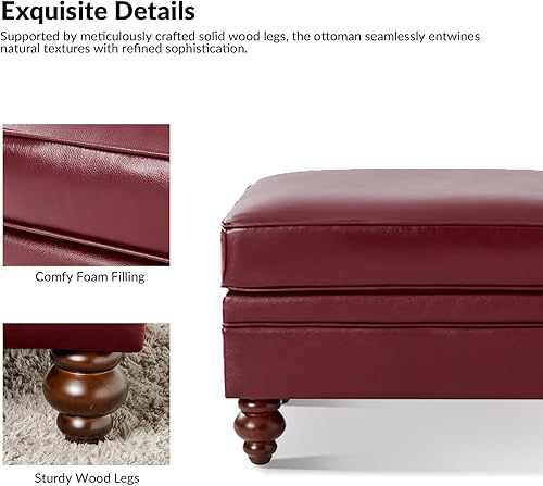Miniatura 4 de HULALA HOME Mesa de centro otomana de cuero auténtico, reposapiés otomano para sala de estar, borgoña