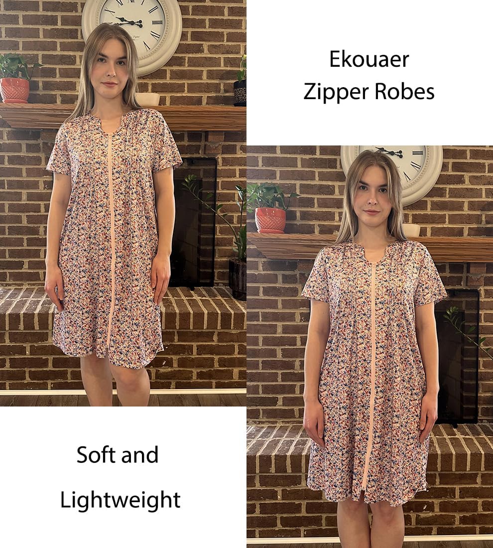 EKOUAER Women Zipper Robes Short Bathrobe Lightweight Mumu Duster House Coat with Pockets Soft Moo Moo Nightgown - Image 2