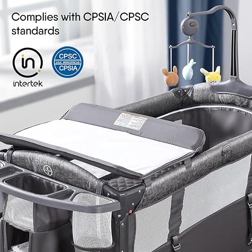 Miniatura 6 de BabyBond Cuna para bebé, cuna de noche, paquete y juego con sábana, cambiador de pañales y móvil de música desde recién nacidos hasta niños