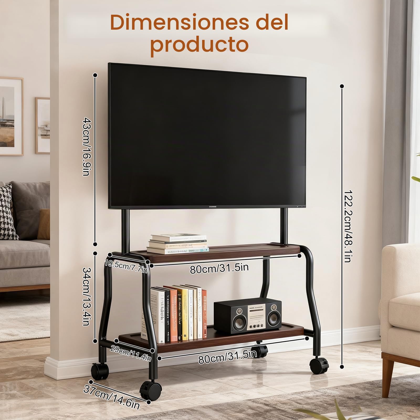 Soporte de TV enrollable para televisores de 32 a 75 pulgadas de hasta 50 kg, soporte de TV con ruedas con estante de madera, soporte de suelo para TV de altura ajustable, máx. VESA 600 x