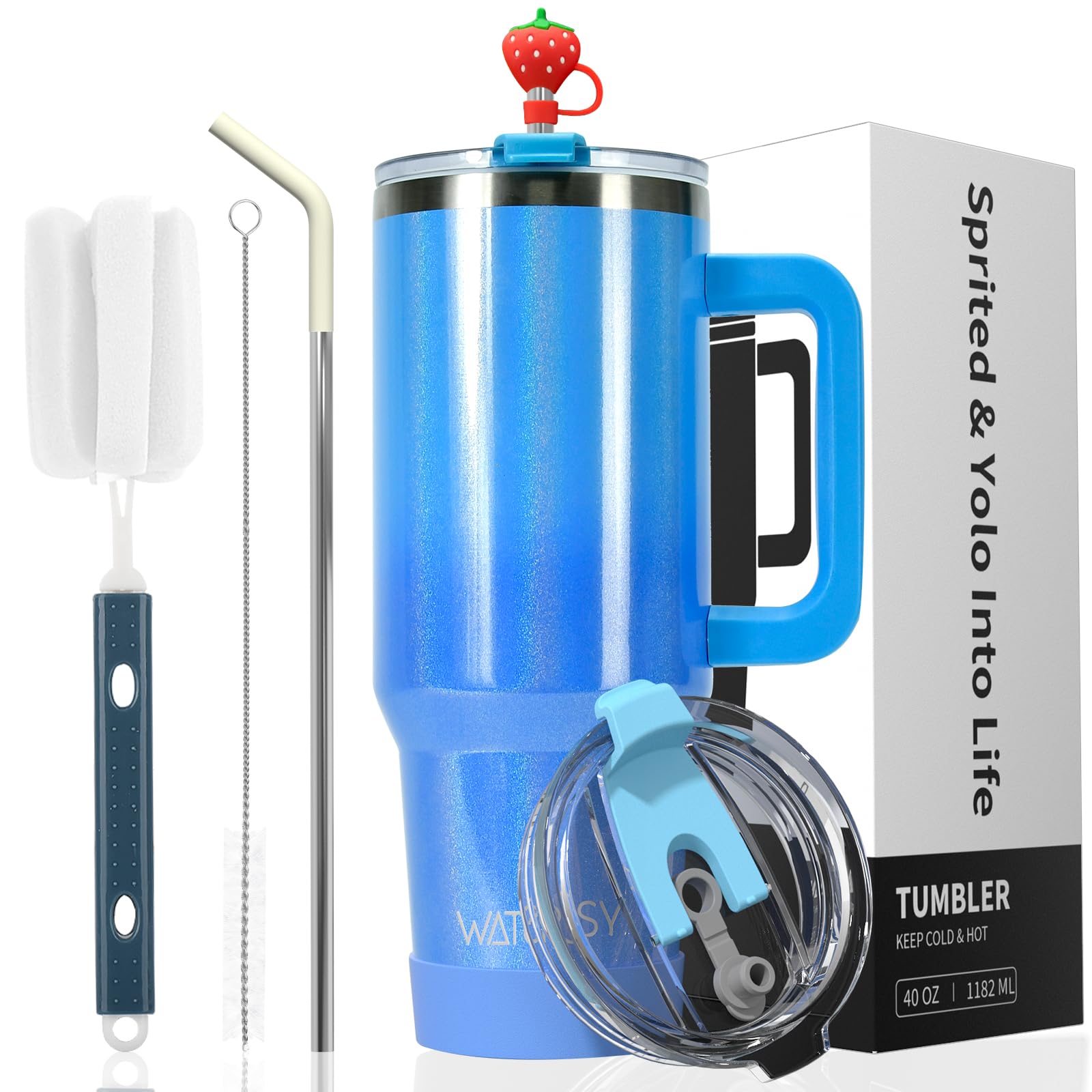 WATERSY Doppelwandiger 30oz Kaffeebecher to Go Thermobecher Edelstahl Vakuum Auslaufsicher Trinkbecher mit Griff und Strohhalm Thermo Tumbler Deux Blau Glänzend