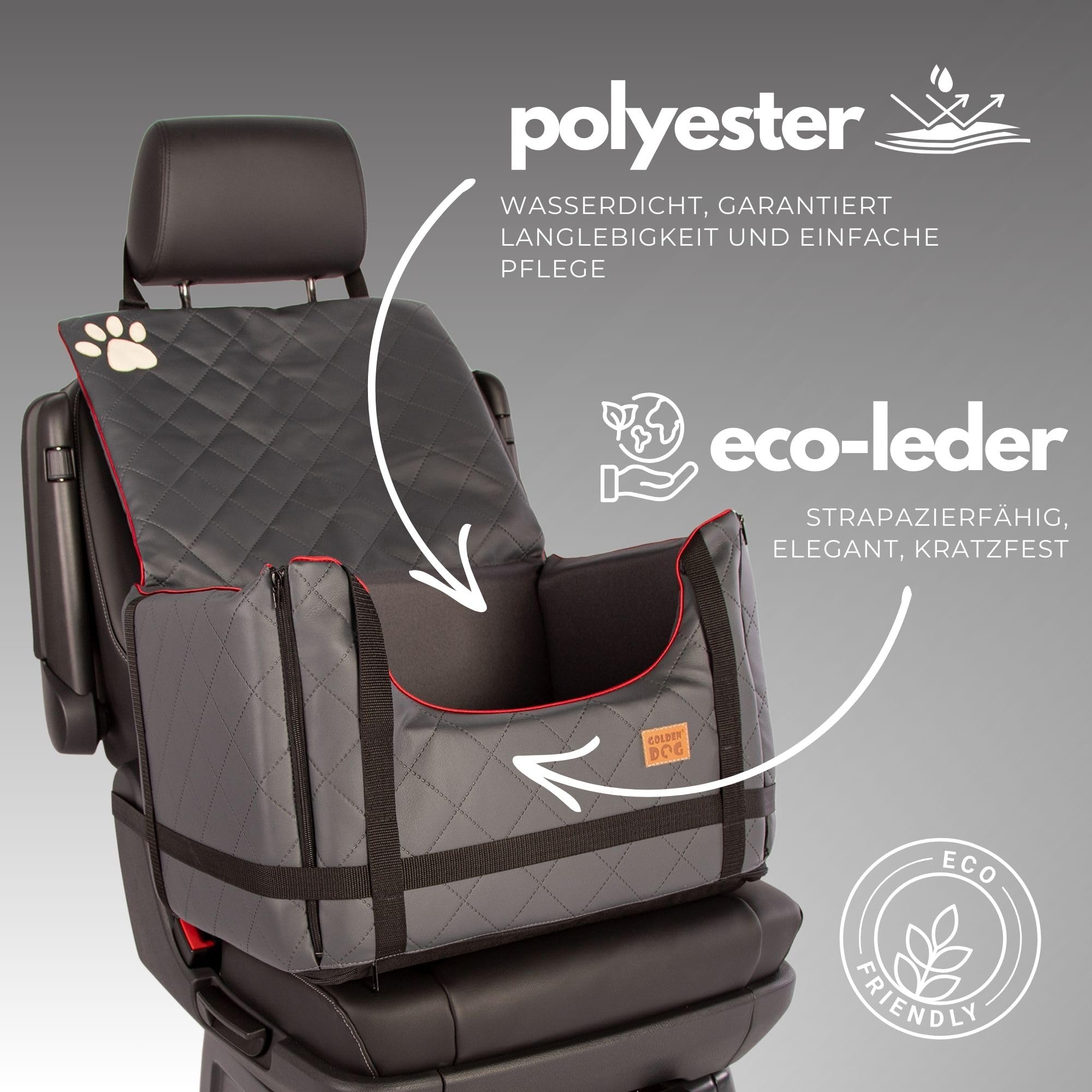 Golden Dog - Caja de transporte para perros con cinturón de seguridad M-52 x 44 x 33 cm - Asiento de coche de imitación de cuero para perro asiento impermeable para perro - Asiento de pasajero para