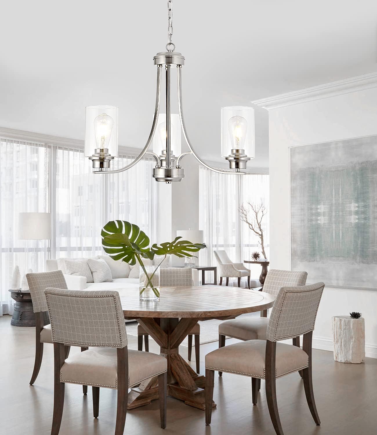 3 Light Chandelier Brushed Nickel Dining Room Light Fixture,Modern Kitchen Chandeliers Over Table，Adjustable Height Classic Hanging Pendant Lights with Glass Shade for Foyer Bedroom Kitchen Island