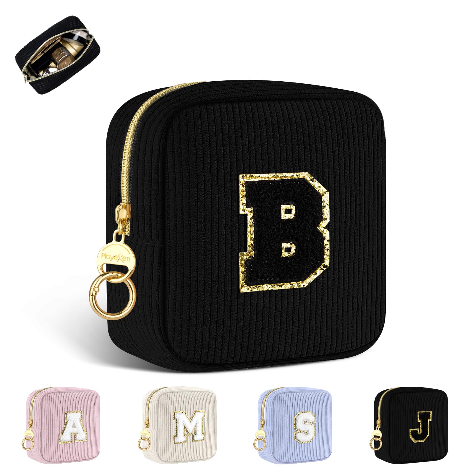 Personalisierte Kosmetiktasche Mini Make up Tasche Klein Cord Schminktasche Damen Tragbare Reise-Kulturbeutel für Toilettenartikel Organizer Personalisiert Initialen Geburtstag für Mädchen Schwarz B