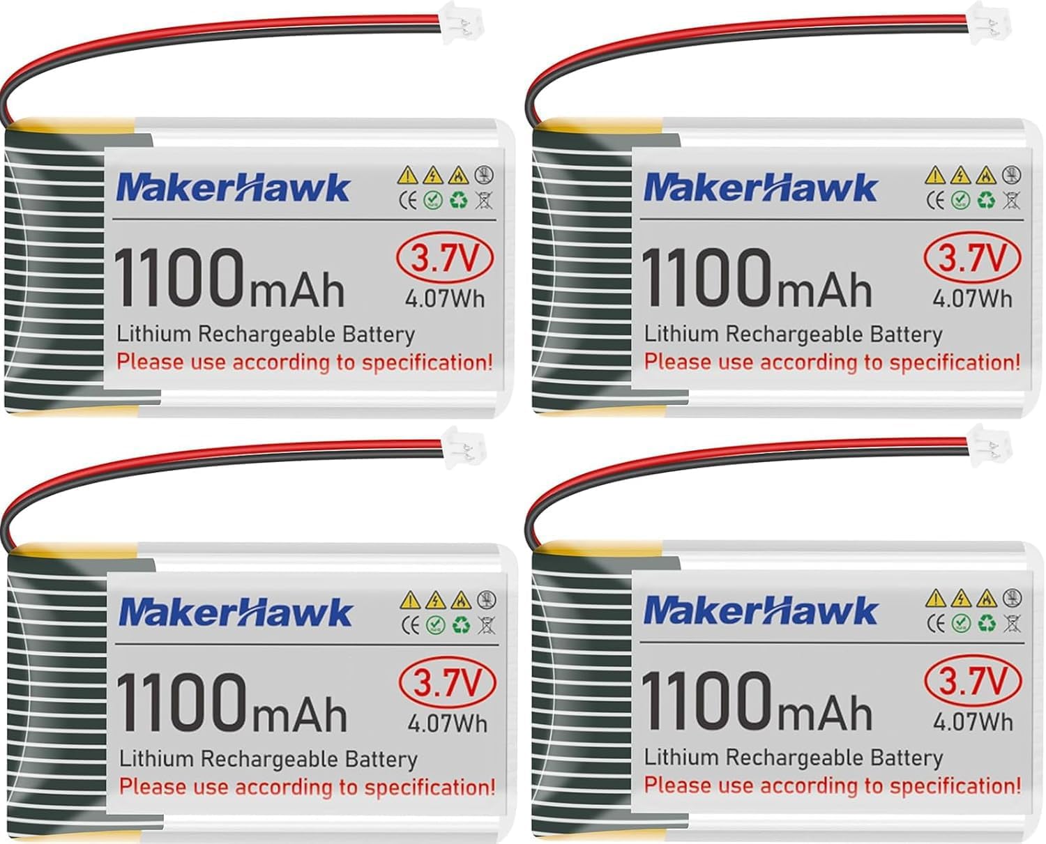 MakerHawk 3.7V 1100mAh LiPo Battery 102540 Rechargeable 1S Lithium Polymer Battery with Protection Board Insulated Rubber Tape, Micro JST 1.25 Plug for Arduino ESP32 Development Board (4 Pack)